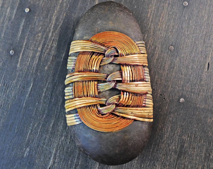 Zen Stone Cane Reed Wrapped River Rock With Japanese Basketry Knots