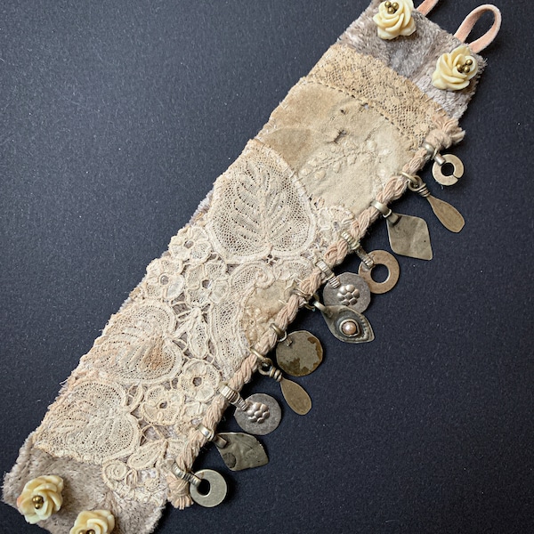 Textile cuff- antique fabric stitched cloth bracelet