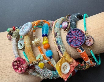 Textile bangle stack, boho bracelet set