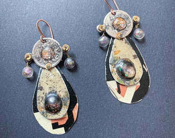 Rustic earrings with upcycled metals and iridescent cabochons