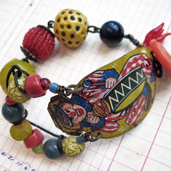 Grotesque Folly. Vintage Tribal Beads, Colorful Clown Recycled Bracelet in Yellow Red and Blue.