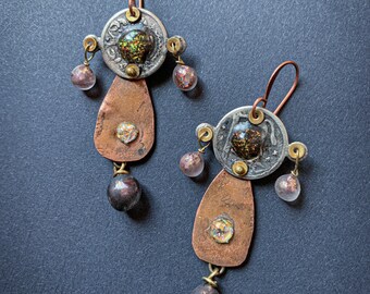 Rustic earrings with upcycled metals and iridescent cabochons