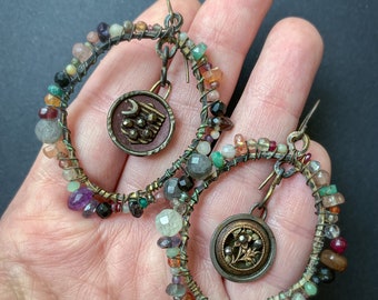 Rustic wonky earrings with gemstones and antique charms