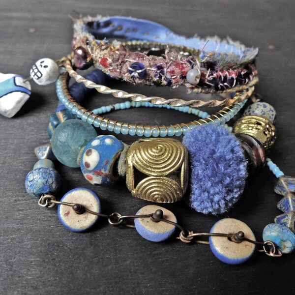 Rustic bangle stack in shades of blue. Beaded stitched textile bohemian bracelet set- "Sea So Deep"