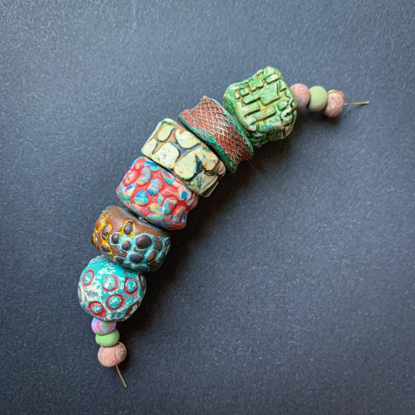 Colorful rustic bead set of 6, one-of-a-kind handmade, textured art beads