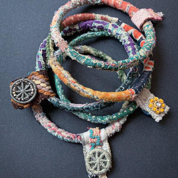 Textile bangle stack, boho bracelet set