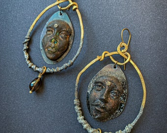 Face earrings, enamel and resin