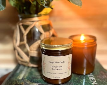 Caribbean Teakwood Soy Wax Candle - 8oz Amber Jar - Hand Poured - Eco Friendly
