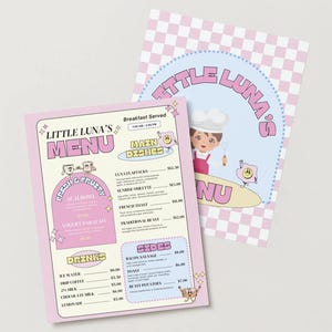 MENÚ INFANTIL PERSONALIZADO para juegos de simulación - Menú de restaurante personalizado, juguete de restaurante, juego dramático - Regalo para niños, menú de brunch retro moderno