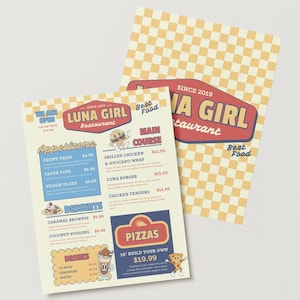 MENÚ INFANTIL PERSONALIZADO para juegos de simulación, menú de restaurante personalizado, juguete de restaurante, juego dramático, regalo de cumpleaños para niños, menú de restaurante retro moderno.