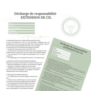 Può includere: Due moduli di scarico di responsabilità verde e bianco con il testo "Décharge de responsabilité EXTENSION DE CIL" in alto. I moduli sono per le extension ciglia e includono informazioni sulla procedura, i rischi e le responsabilità. Il testo "Deux décharges au choix" è in basso nell'immagine.