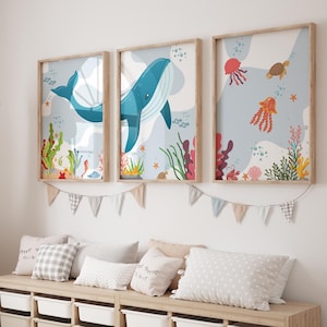 Set of 3 Nursery Sea Animals,Under The sea Nursery Prints,Nautical Nursery Poster,Ocean Animal Posters,Nursery Whale Print,Ocean Theme Art