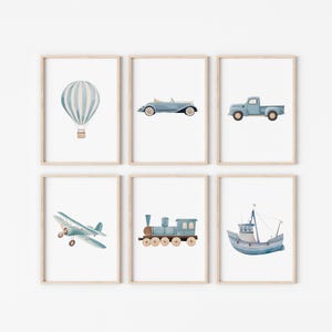 Set of 6 Vehicle Art Prints,Boys Bedroom Decor, Printable Transportation,Car Plane Train Boat Hot Air Balloon,Watercolor Nursery Vehicles