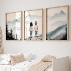 Set of 3 Bro & Sis Adventure Room Decor,Brother and Sister Nature Prints,Nursery Camping Print Wilderness Room Decor,Mountain Nursery Prints