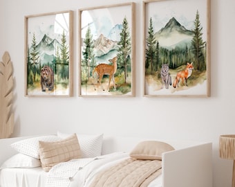 Set di 3 poster per cameretta dei bambini in montagna, decorazioni per la cameretta dei bambini con tema avventura, stampe sulla natura per cameretta dei bambini con tema foresta, stampe da parete per campeggio in cameretta dei bambini, stampe con tema foresta