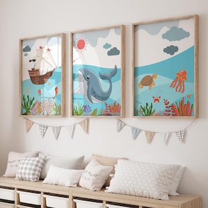 Juego de 3 impresiones de animales marinos para guardería, aventuras submarinas para guardería, pósteres para guardería con temática náutica, pósteres de animales del océano