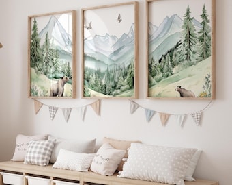 Set di 3 poster per cameretta dei bambini in montagna, decorazioni per la cameretta dei bambini con tema avventura, stampe sulla natura per cameretta dei bambini con tema foresta, stampe da parete per campeggio in cameretta dei bambini, stampe con tema foresta