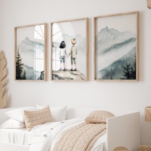 Set of 3 Bro & Sis Adventure Room Decor,Brother and Sister Nature Prints,Nursery Camping Print Wilderness Room Decor,Mountain Nursery Prints