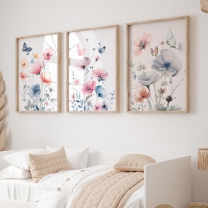 Set of 3 Wildflowers And Butterflies  Nursery Prints,Floral Scripture ,Boho Nursery Prints, Vintage Flower Nursery,Bright Floral Prints