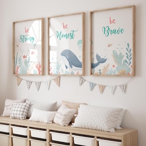 Set of 3 Nursery Sea Animals,Under The sea Nursery Prints,Nautical Nursery Poster,Ocean Animal Posters,Nursery Whale Print,Ocean Theme Art