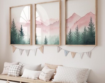 Set di 3 poster per cameretta dei bambini in montagna, decorazioni per la cameretta dei bambini con tema avventura, stampe sulla natura per cameretta dei bambini con tema foresta, stampe da parete per campeggio in cameretta dei bambini, stampe con tema foresta