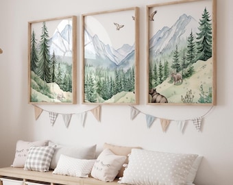 Set di 3 poster per cameretta dei bambini in montagna, decorazioni per la cameretta dei bambini con tema avventura, stampe sulla natura per cameretta dei bambini con tema foresta, stampe da parete per campeggio in cameretta dei bambini, stampe con tema foresta