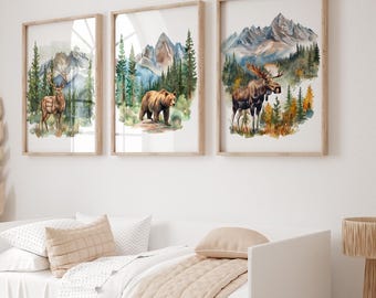 Set di 3 poster per cameretta dei bambini in montagna, decorazioni per la cameretta dei bambini con tema avventura, stampe sulla natura per cameretta dei bambini con tema foresta, stampe da parete per campeggio in cameretta dei bambini, stampe con tema foresta