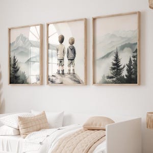 Set of 3 Adventure Brothers Room Decor, Brothers Nature Prints,Nursery Camping Wall Art,Boys Wilderness Room Decor,Mountain Nursery Prints