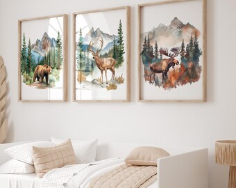 Set di 3 poster per cameretta dei bambini in montagna, decorazioni per la cameretta dei bambini con tema avventura, stampe sulla natura per cameretta dei bambini con tema foresta, stampe da parete per campeggio in cameretta dei bambini, stampe con tema foresta