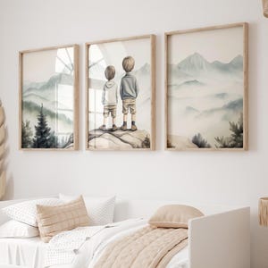 Set of 3 Adventure Brothers Room Decor, Brothers Nature Prints,Nursery Camping Wall Art,Boys Wilderness Room Decor,Mountain Nursery Prints