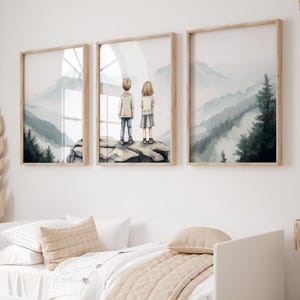Set of 3 Bro & Sis Adventure Room Decor,Brother and Sister Nature Prints,Nursery Camping Print Wilderness Room Decor,Mountain Nursery Prints