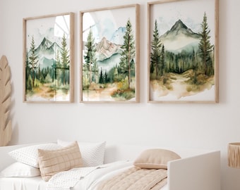 Set di 3 poster per cameretta dei bambini in montagna, decorazioni per la cameretta dei bambini con tema avventura, stampe sulla natura per cameretta dei bambini con tema foresta, stampe da parete per campeggio in cameretta dei bambini, stampe con tema foresta
