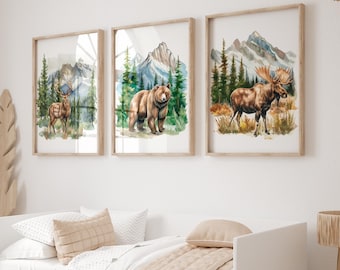 Set di 3 poster per cameretta dei bambini in montagna, decorazioni per la cameretta dei bambini con tema avventura, stampe sulla natura per cameretta dei bambini con tema foresta, stampe da parete per campeggio in cameretta dei bambini, stampe con tema foresta