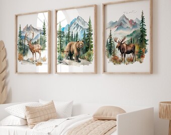 Set di 3 poster per cameretta dei bambini in montagna, decorazioni per la cameretta dei bambini con tema avventura, stampe sulla natura per cameretta dei bambini con tema foresta, stampe da parete per campeggio in cameretta dei bambini, stampe con tema foresta