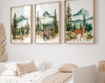 Set di 3 poster per cameretta dei bambini in montagna, decorazioni per la cameretta dei bambini con tema avventura, stampe sulla natura per cameretta dei bambini con tema foresta, stampe da parete per campeggio in cameretta dei bambini, stampe con tema foresta