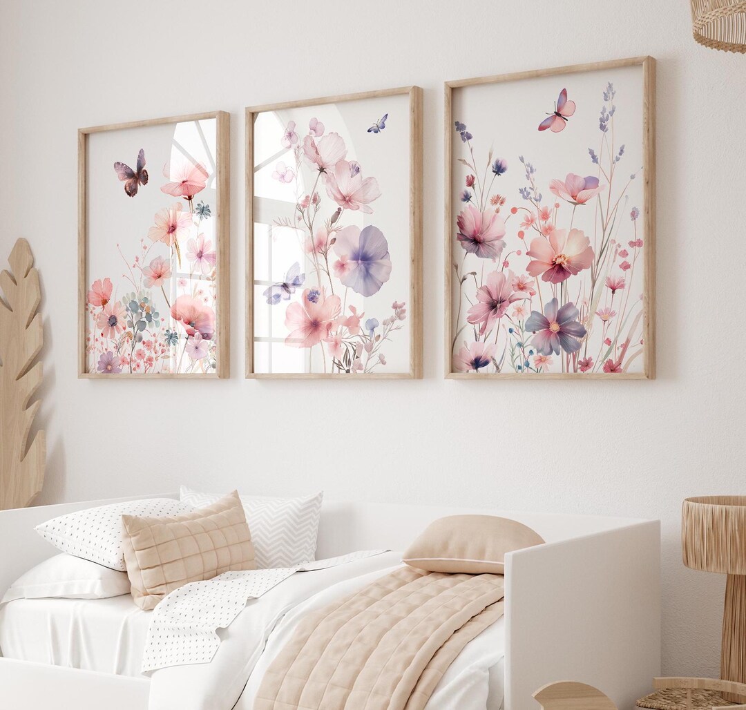 Set of 3 Wildflowers and Butterflies Nursery Prints,summer Floral Print ...