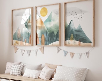 Set di 3 poster per cameretta dei bambini in montagna, decorazioni per la cameretta dei bambini con tema avventura, stampe sulla natura per cameretta dei bambini con tema foresta, stampe da parete per campeggio in cameretta dei bambini, stampe con tema foresta