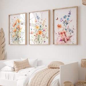 Set of 3 Wildflowers And Butterflies Girl Nursery Prints,Floral Scripture ,Boho Nursery Prints, Vintage Flower Nursery,Floral Watercolor Art