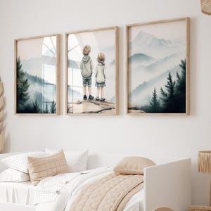 Set of 3 Bro & Sis Adventure Room Decor,Brother and Sister Nature Prints,Nursery Camping Print Wilderness Room Decor,Mountain Nursery Prints