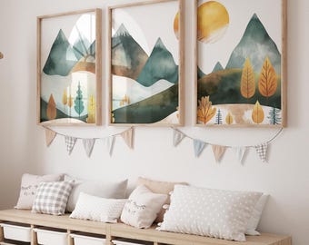 Set di 3 poster per cameretta dei bambini in montagna, decorazioni per la cameretta dei bambini con tema avventura, stampe sulla natura per cameretta dei bambini con tema foresta, stampe da parete per campeggio in cameretta dei bambini, stampe con tema foresta