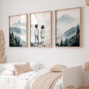 Set of 3 Bro & Sis Adventure Room Decor,Brother and Sister Nature Prints,Nursery Camping Print Wilderness Room Decor,Mountain Nursery Prints