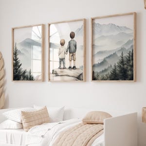 Set of 3 Adventure Brothers Room Decor, Brothers Nature Prints,Nursery Camping Wall Art,Boys Wilderness Room Decor,Mountain Nursery Prints