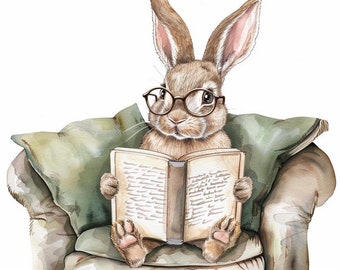Watercolor Bunny Reading Clipart: Book Lover Art (Digital Download)
