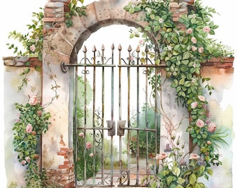 16 Floral Gate Clipart, Watercolor Floral Door Clip Art, Printable High Quality JPGs, Digital download, Paper craft, Junk journals