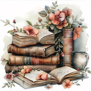 15 Clipart di libri floreali, Clip art di libri vintage ad acquerello, JPG di alta qualità stampabili, Download digitale, Carta artigianale, Diari spazzatura