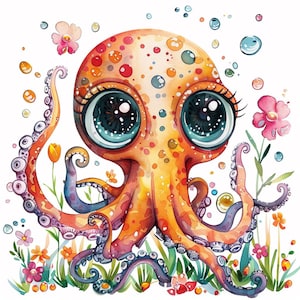 16 Colorful Octopus Clipart, Watercolor Children Animal Clip Art, Printable High Quality JPGs, Digital download, Paper craft, Junk journals
