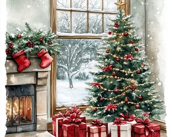 16 imágenes prediseñadas de árboles de Navidad, imágenes prediseñadas de una acogedora sala de estar en acuarela, archivos JPG imprimibles de alta calidad, descarga digital, manualidades de papel, diarios basura