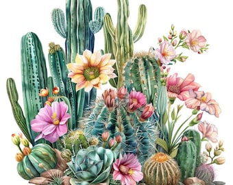 Clipart de flor de cactus en acuarela: Arte de floración del desierto (Descarga digital)