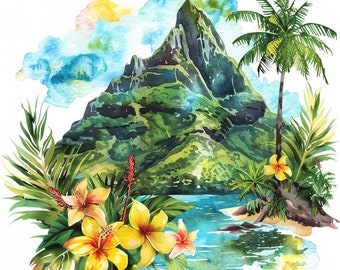 Watercolor Polynesia Clipart: Tropical Island Landscape (Digital Download)