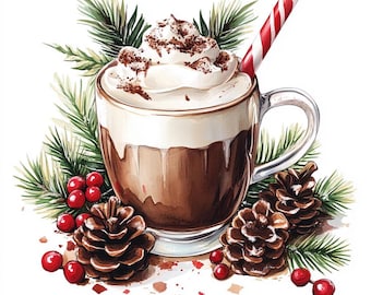 16 imágenes prediseñadas de chocolate caliente navideño, imágenes prediseñadas de invierno en acuarela, archivos JPG imprimibles de alta calidad, descarga digital, manualidades de papel, diarios basura